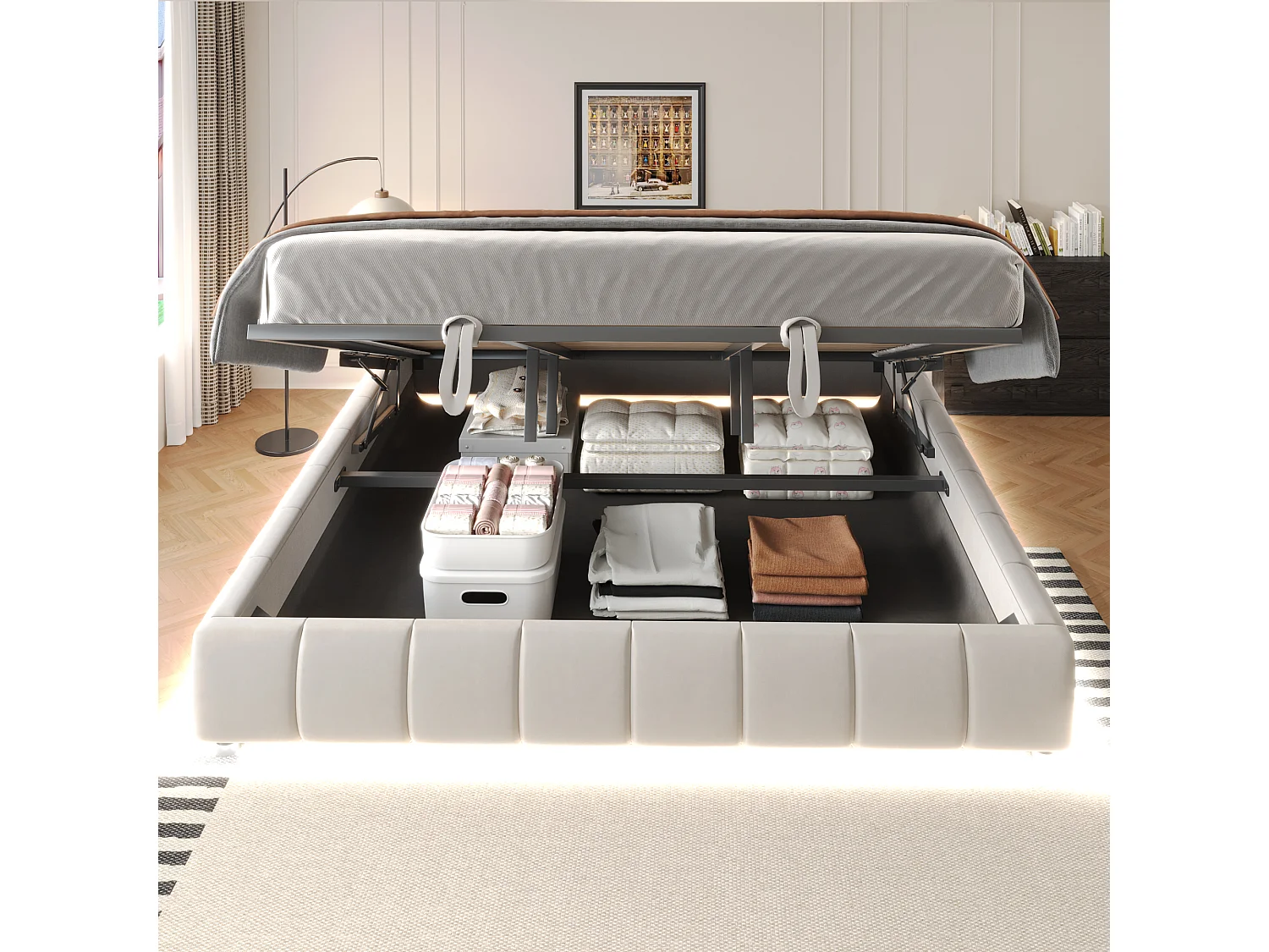 Lit coffre rembourré 180x200 sans tête lit bande led monochrome cadre flottant hydraulique rangement adolescent beige - Sweiko
