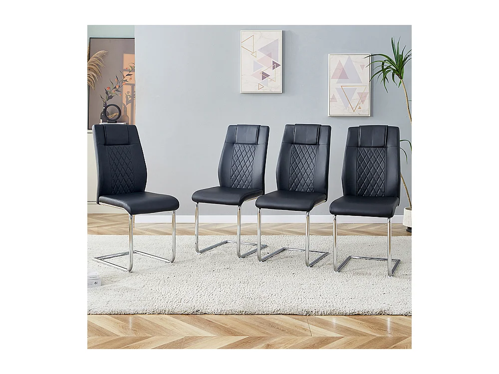 Chaise salle à manger PU noir style nordique lot de 4 dossier maille pieds métal argenté brillant antidérapants
