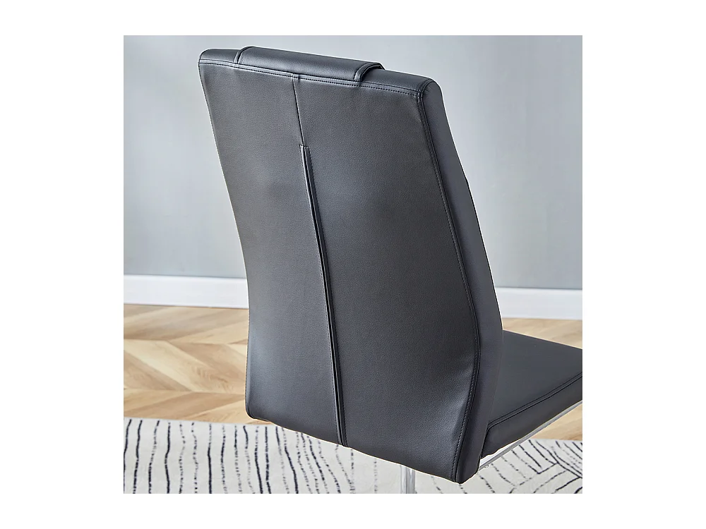 Chaise salle à manger PU noir style nordique lot de 4 dossier maille pieds métal argenté brillant antidérapants