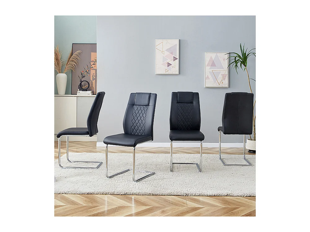 Chaise salle à manger PU noir style nordique lot de 4 dossier maille pieds métal argenté brillant antidérapants