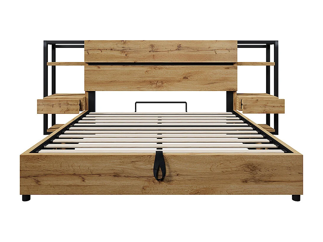 Lit coffre 160×200 cm tête de lit avec rangement tiroirs et ports USB et Type-C cadre de lit avec lattes en bois couleur chêne