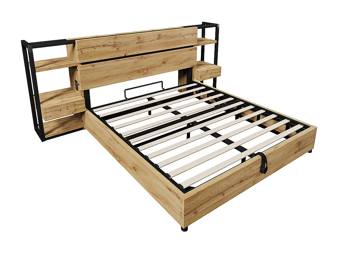 Lit coffre 160×200 cm tête de lit avec rangement tiroirs et ports USB et Type-C cadre de lit avec lattes en bois couleur chêne
