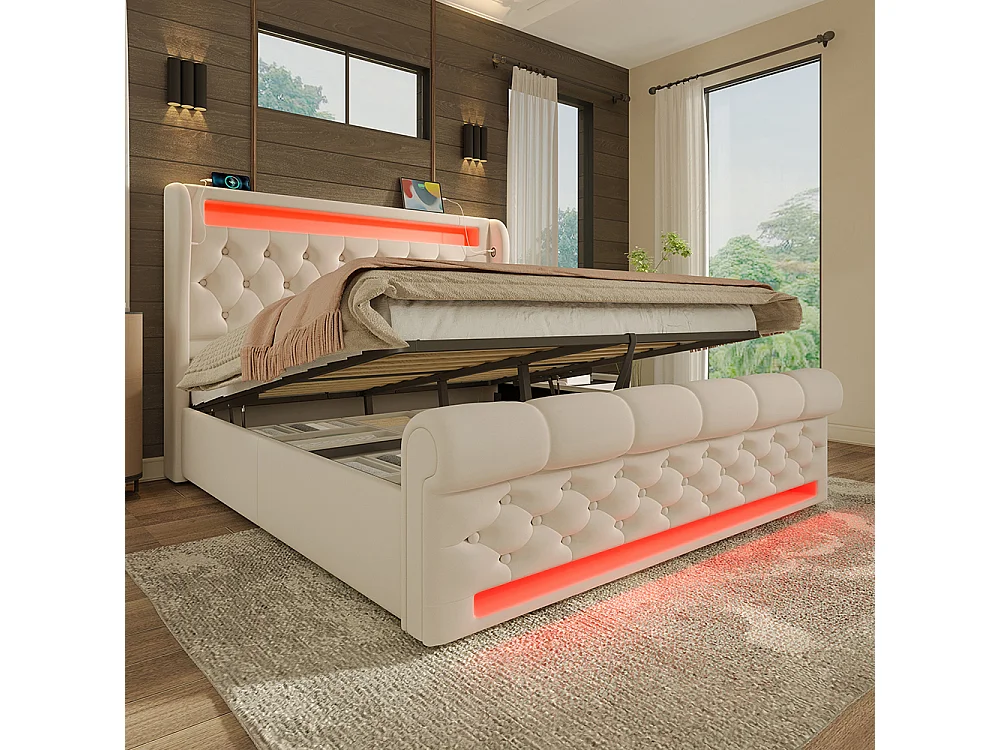 Lit coffre rembourré 160x200 cm avec éclairage LED tête de lit avec ports USB et Type-C beige velours