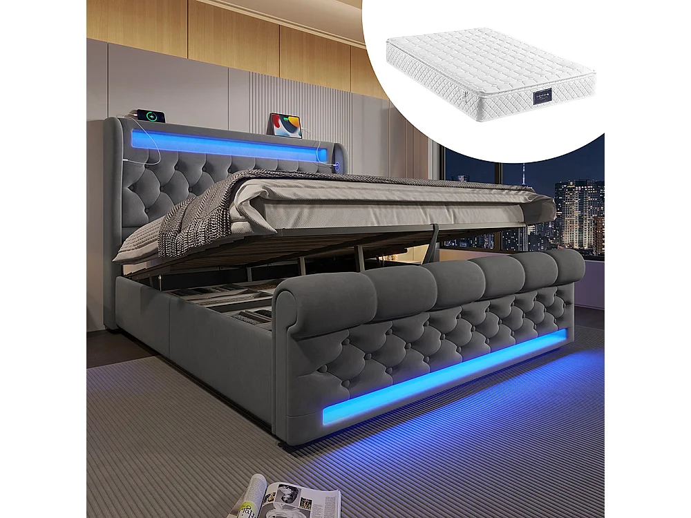 Lit coffre rembourré 140x200 cm avec éclairage LED tête de lit avec ports USB et Type-C gris velours avec matelas