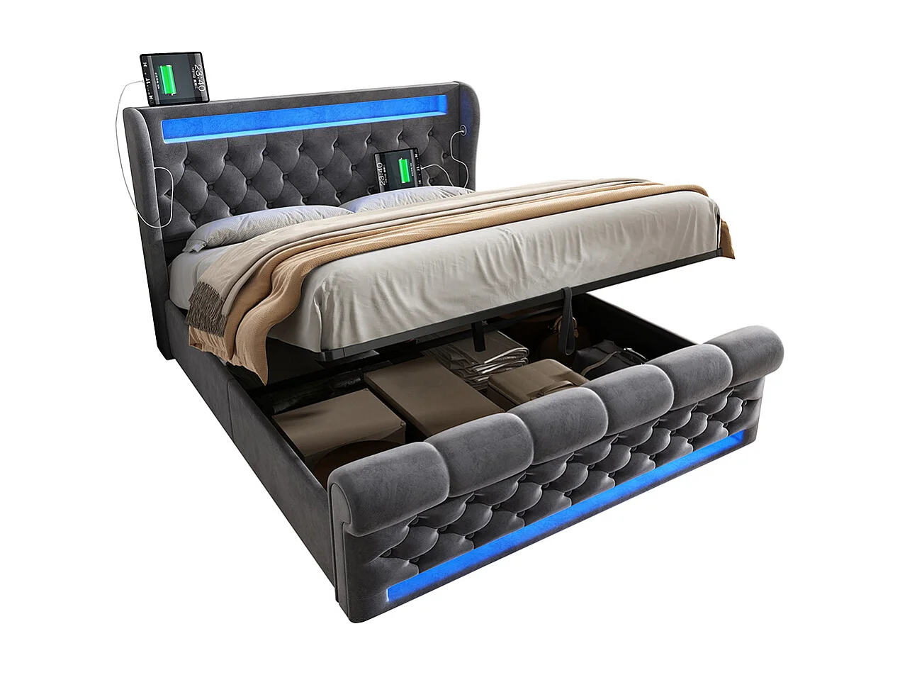 Lit coffre rembourré 140x200 cm avec éclairage LED tête de lit avec ports USB et Type-C gris velours avec matelas