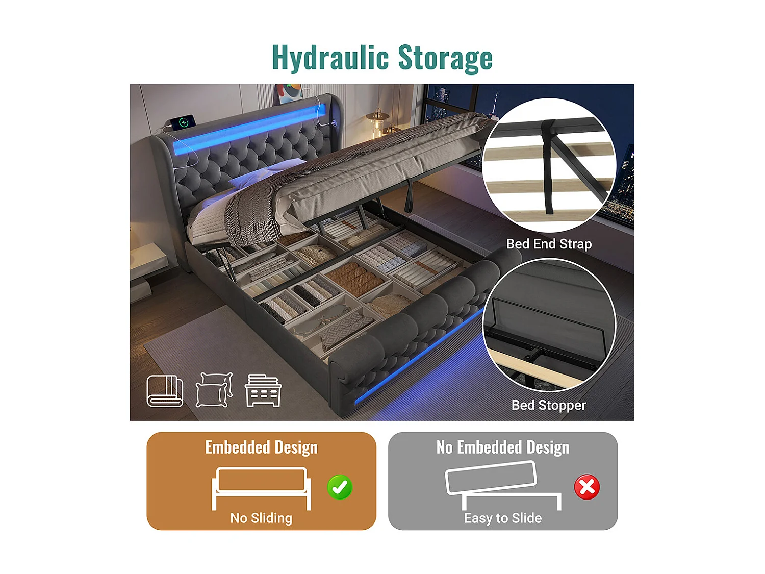 Lit coffre rembourré 140x200 cm avec éclairage LED tête de lit avec ports USB et Type-C gris velours avec matelas