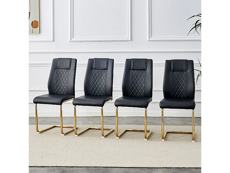 Chaise salle à manger PU noir style nordique lot de 4 dossier maille diamant pieds métal doré brillant antidérapants