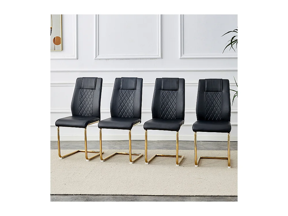 Chaise salle à manger PU noir style nordique lot de 4 dossier maille diamant pieds métal doré brillant antidérapants