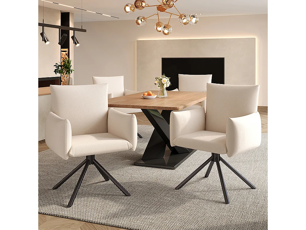 Set van 2 eetkamerstoelen, gestoffeerde stoel met 4 metalen poten, 360° draaibare stoel, lendensteun, beige fluweel