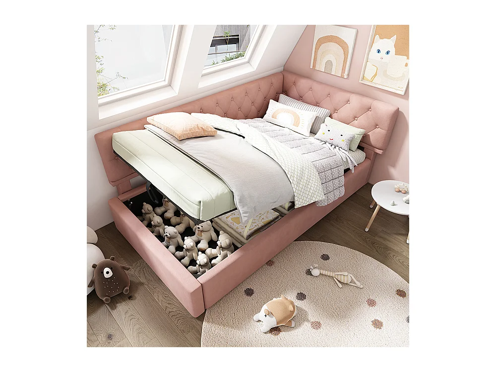 Lit coffre lit de jour 90x190 cm avec espace de rangement hydraulique lit pour enfant ou adolescent sommier à lattes en bois velours rose