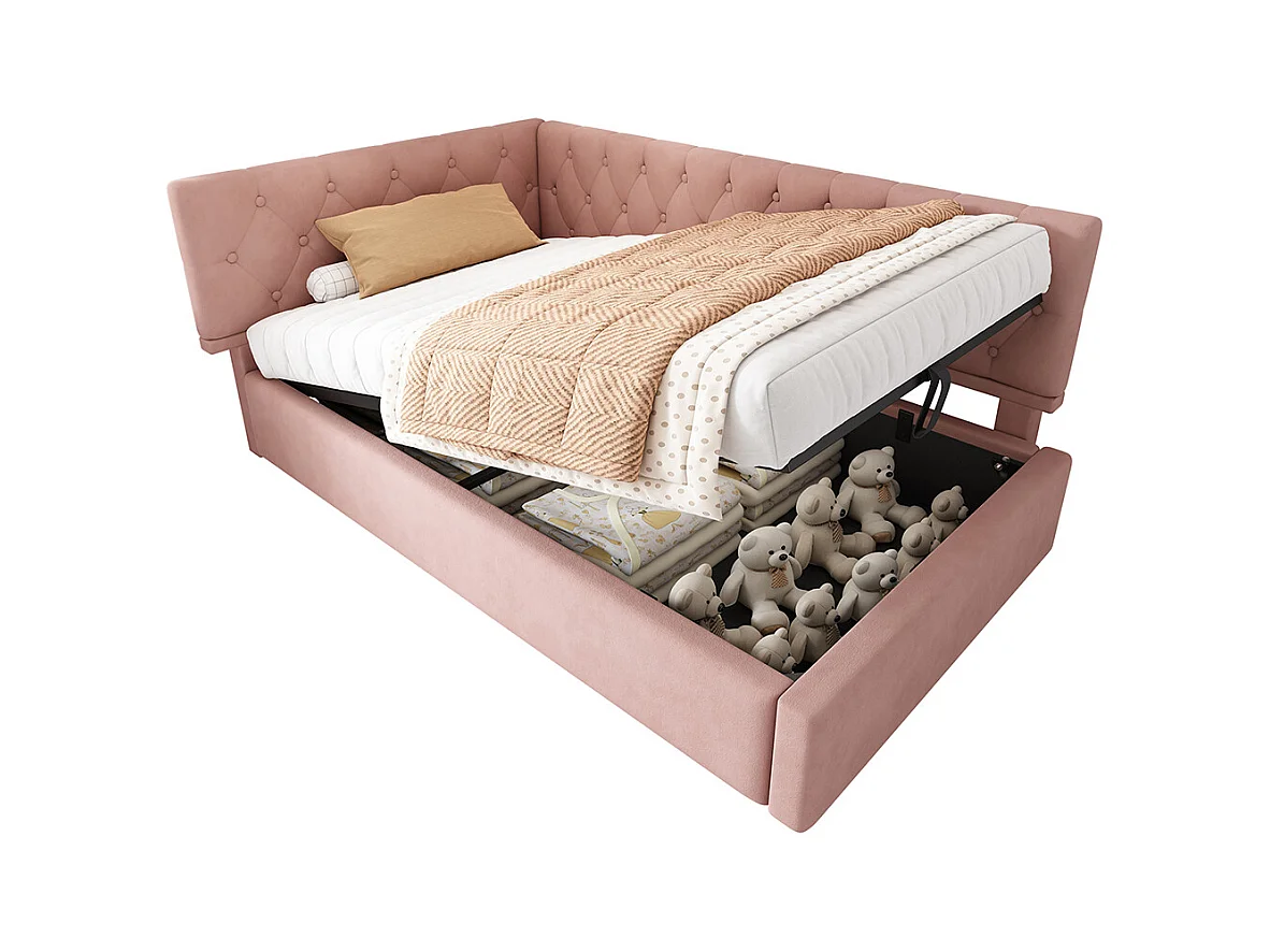 Lit coffre lit de jour 90x190 cm avec espace de rangement hydraulique lit pour enfant ou adolescent sommier à lattes en bois velours rose