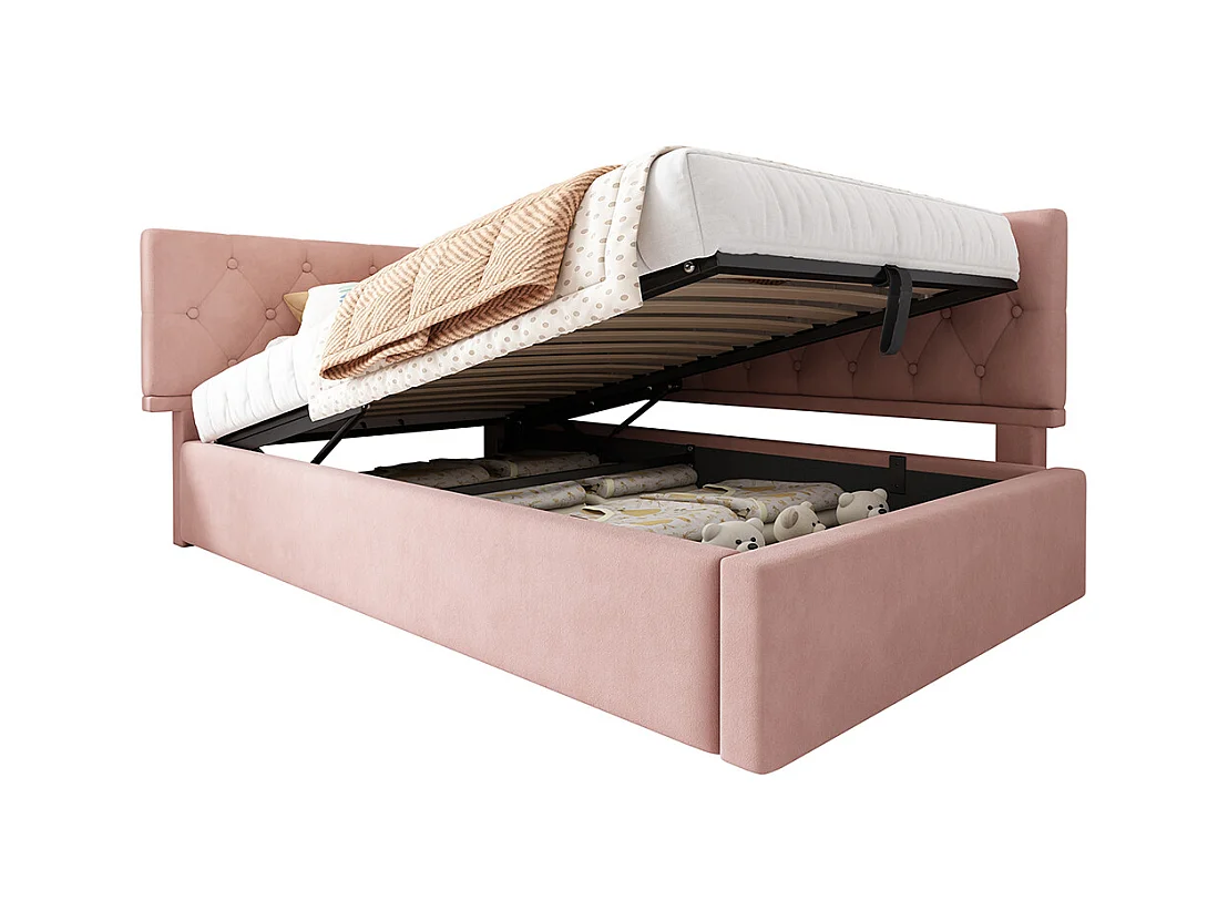 Lit coffre lit de jour 90x190 cm avec espace de rangement hydraulique lit pour enfant ou adolescent sommier à lattes en bois velours rose