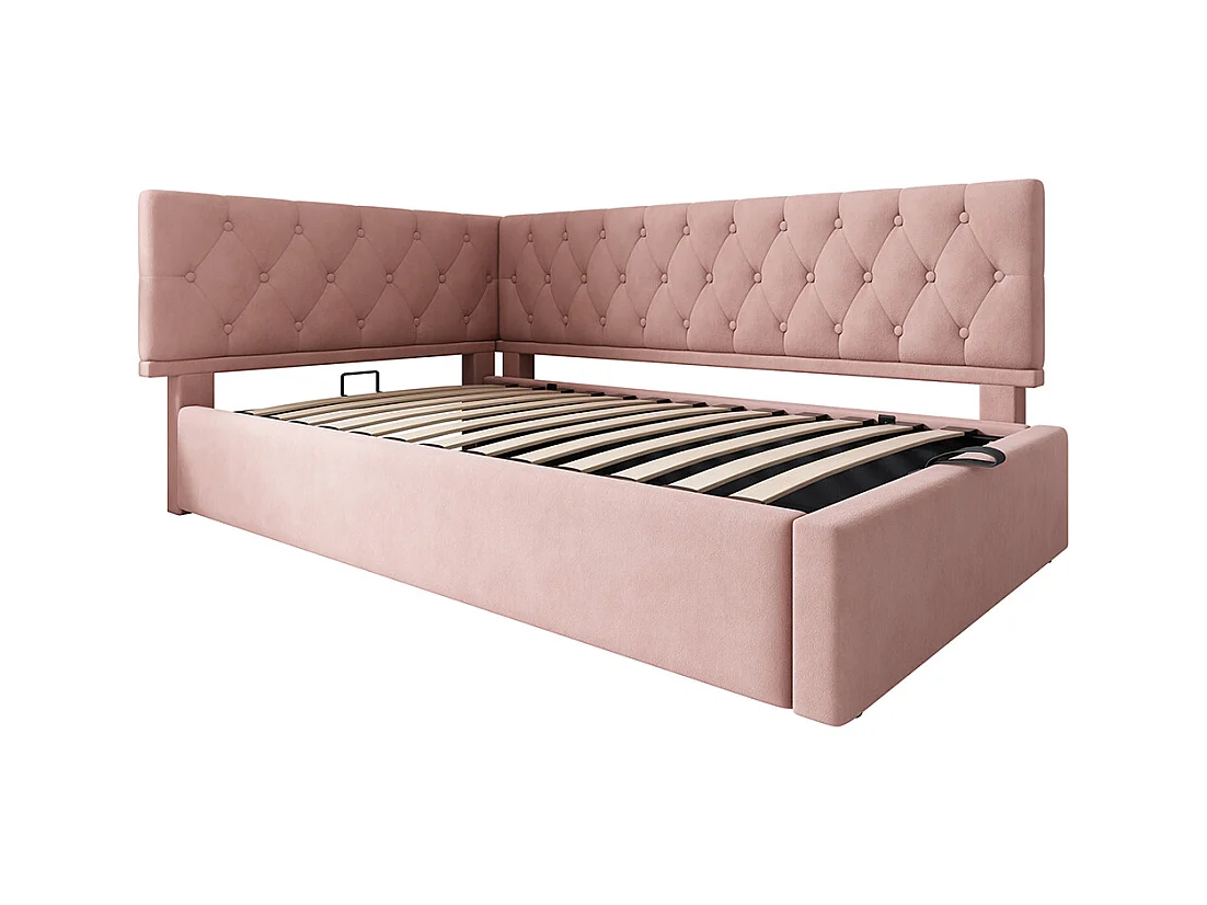Lit coffre lit de jour 90x190 cm avec espace de rangement hydraulique lit pour enfant ou adolescent sommier à lattes en bois velours rose