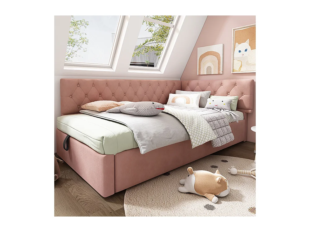 Lit coffre lit de jour 90x190 cm avec espace de rangement hydraulique lit pour enfant ou adolescent sommier à lattes en bois velours rose