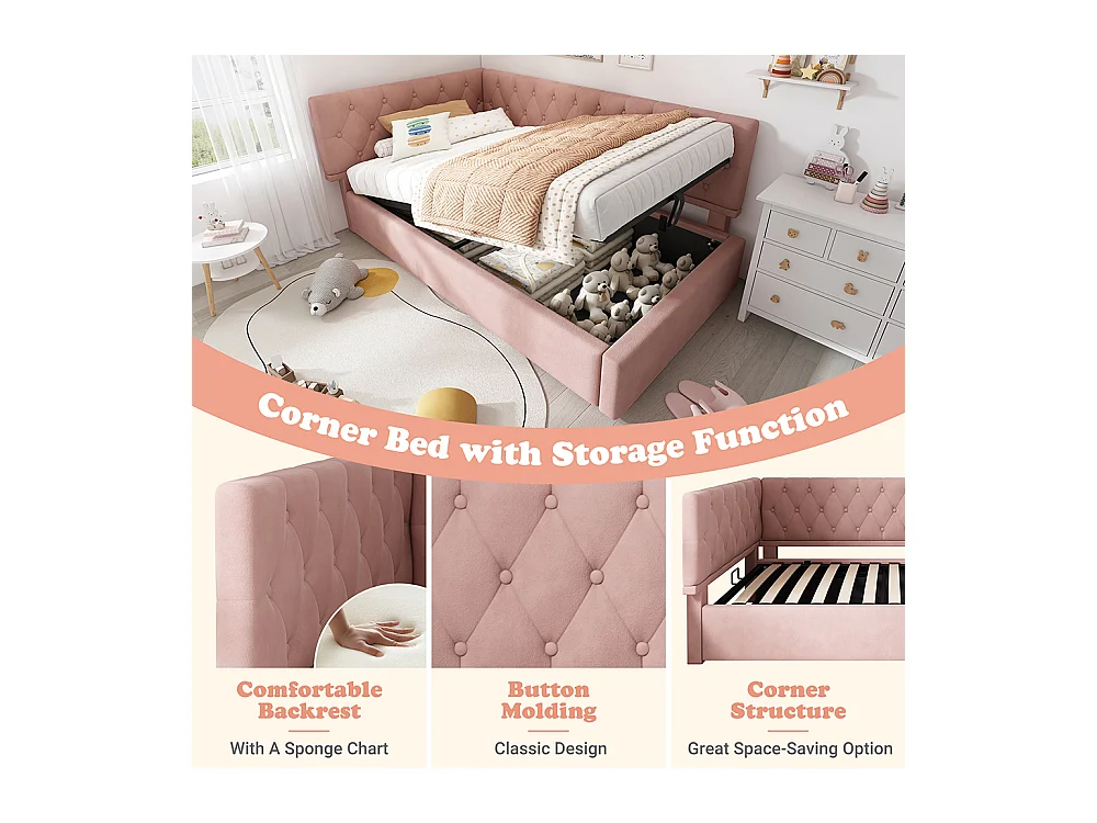 Lit coffre lit de jour 90x190 cm avec espace de rangement hydraulique lit pour enfant ou adolescent sommier à lattes en bois velours rose