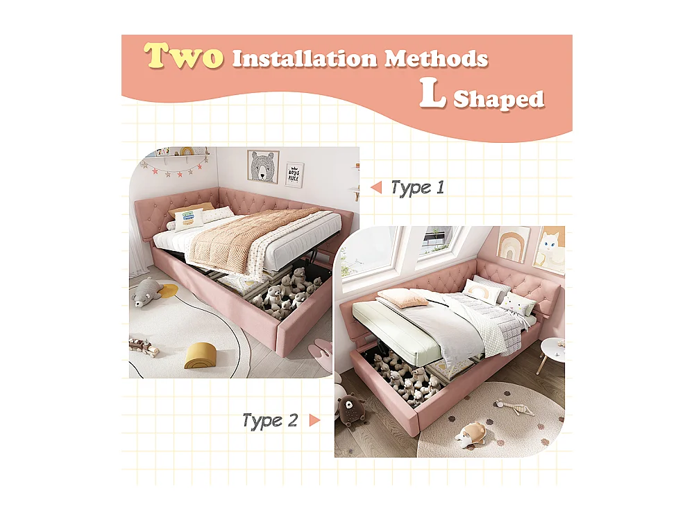 Lit coffre lit de jour 90x190 cm avec espace de rangement hydraulique lit pour enfant ou adolescent sommier à lattes en bois velours rose