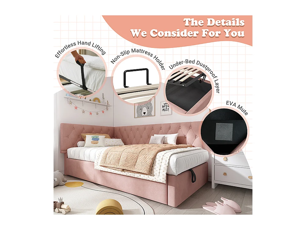 Lit coffre lit de jour 90x190 cm avec espace de rangement hydraulique lit pour enfant ou adolescent sommier à lattes en bois velours rose