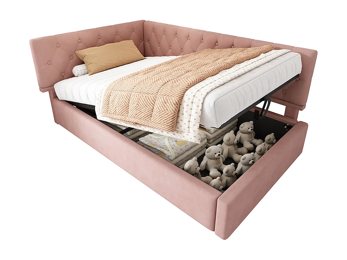 Lit coffre lit de jour 90x190 cm avec espace de rangement hydraulique lit pour enfant ou adolescent sommier à lattes en bois velours rose
