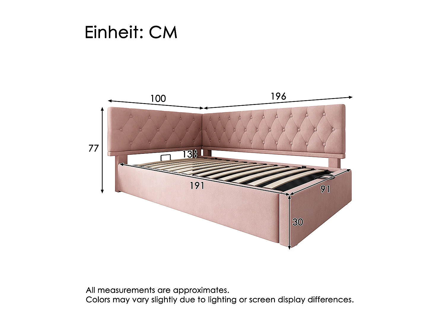Lit coffre lit de jour 90x190 cm avec espace de rangement hydraulique lit pour enfant ou adolescent sommier à lattes en bois velours rose