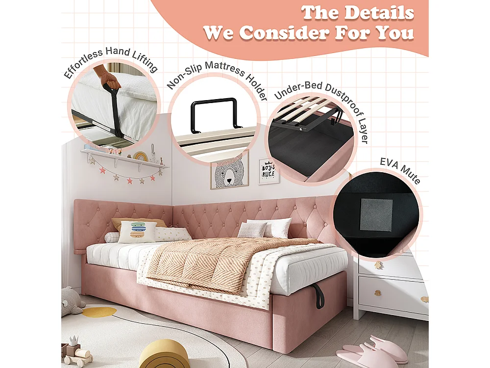 Lit coffre lit de jour 90x190 cm avec espace de rangement hydraulique lit pour enfant ou adolescent sommier à lattes en bois velours rose