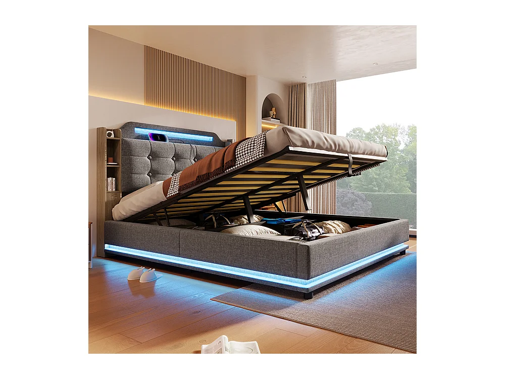 Lit coffre rembourré 140x200 cm bande LED rangement hydraulique plusieurs compartiments USB+TYPE-C draps sans matelas gris
