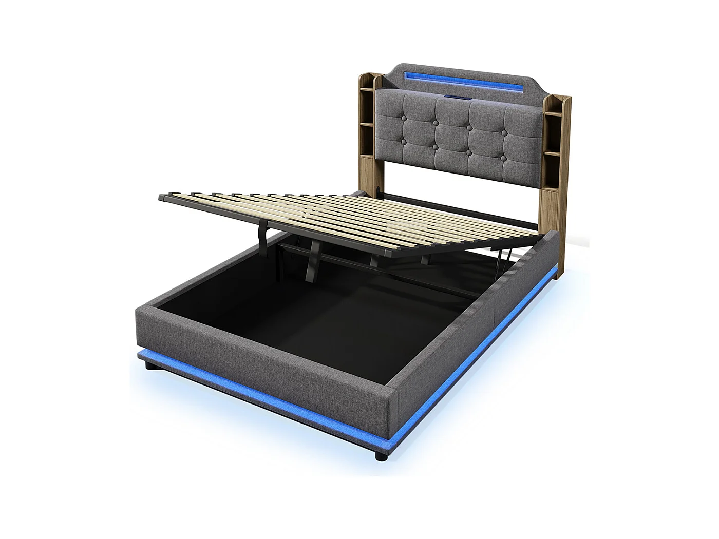 Lit coffre rembourré 140x200 cm bande LED rangement hydraulique plusieurs compartiments USB+TYPE-C draps sans matelas gris