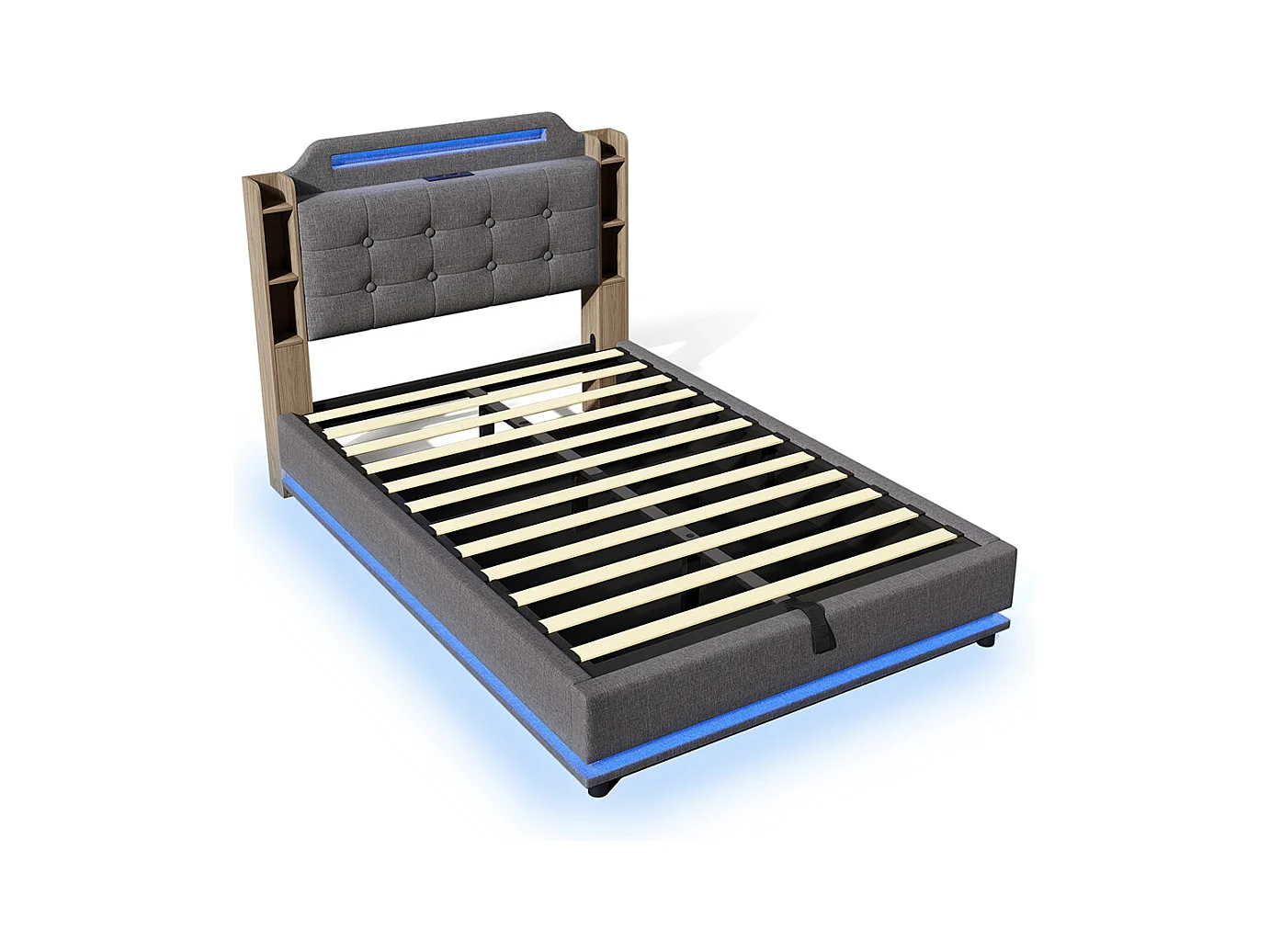 Lit coffre rembourré 140x200 cm bande LED rangement hydraulique plusieurs compartiments USB+TYPE-C draps sans matelas gris