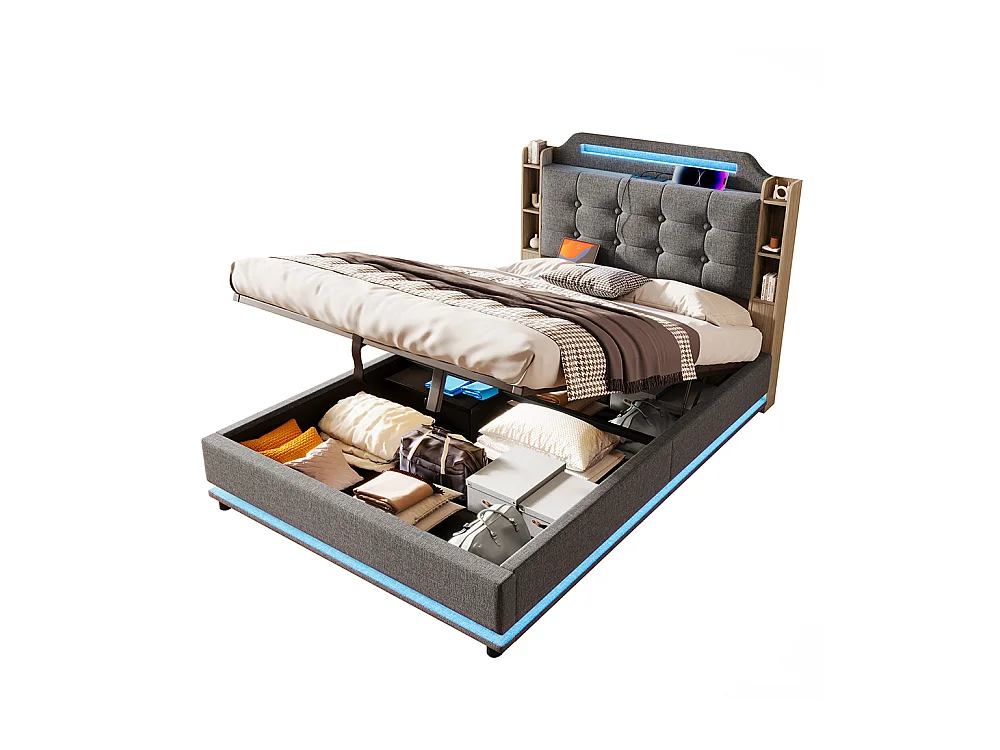 Lit coffre rembourré 140x200 cm bande LED rangement hydraulique plusieurs compartiments USB+TYPE-C draps sans matelas gris