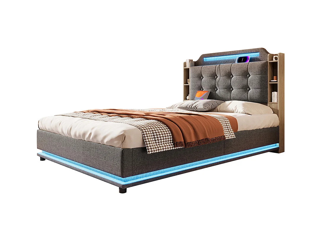 Lit coffre rembourré 140x200 cm bande LED rangement hydraulique plusieurs compartiments USB+TYPE-C draps sans matelas gris