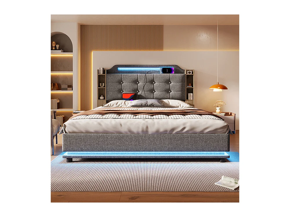 Lit coffre rembourré 140x200 cm bande LED rangement hydraulique plusieurs compartiments USB+TYPE-C draps sans matelas gris