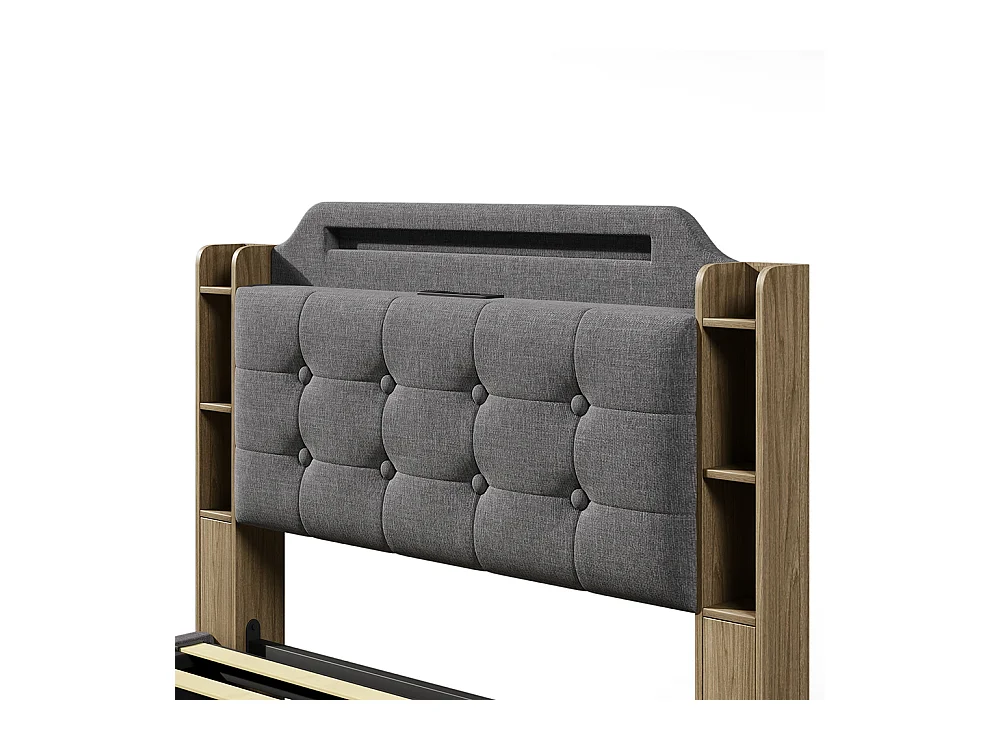 Lit coffre rembourré 140x200 cm bande LED rangement hydraulique plusieurs compartiments USB+TYPE-C draps sans matelas gris