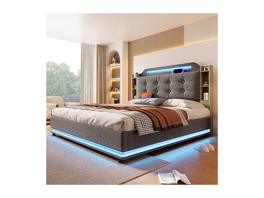 Lit coffre rembourré 140x200 cm bande LED rangement hydraulique plusieurs compartiments USB+TYPE-C draps sans matelas gris