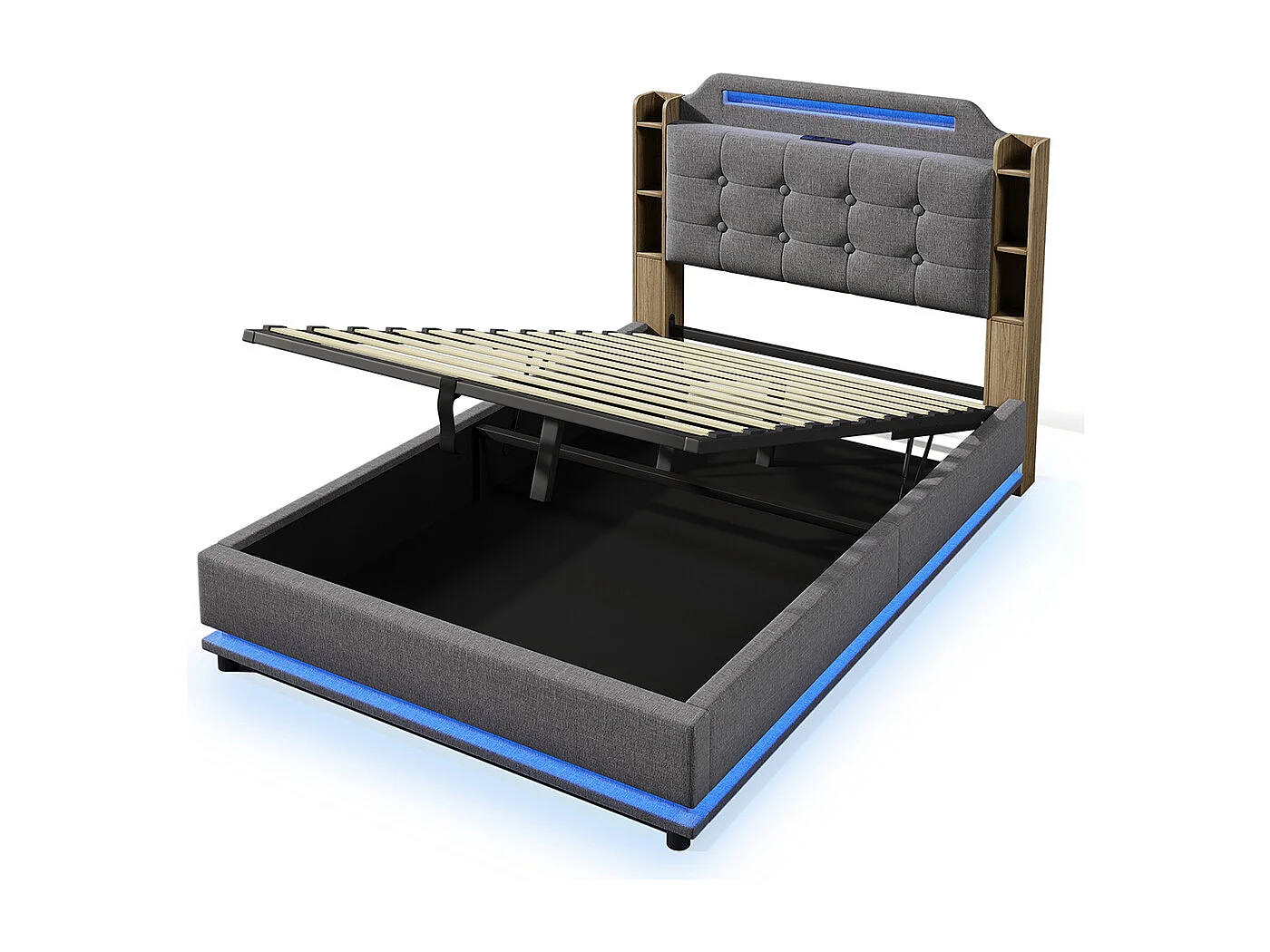 Lit coffre rembourré 140x200 cm bande LED rangement hydraulique plusieurs compartiments USB+TYPE-C draps sans matelas gris