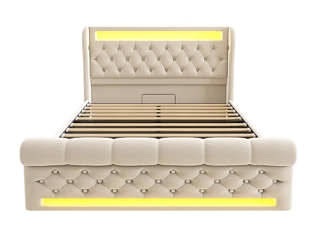 Lit coffre rembourré 160x200 cm avec éclairage LED tête de lit avec ports USB et Type-C beige velours avec matelas