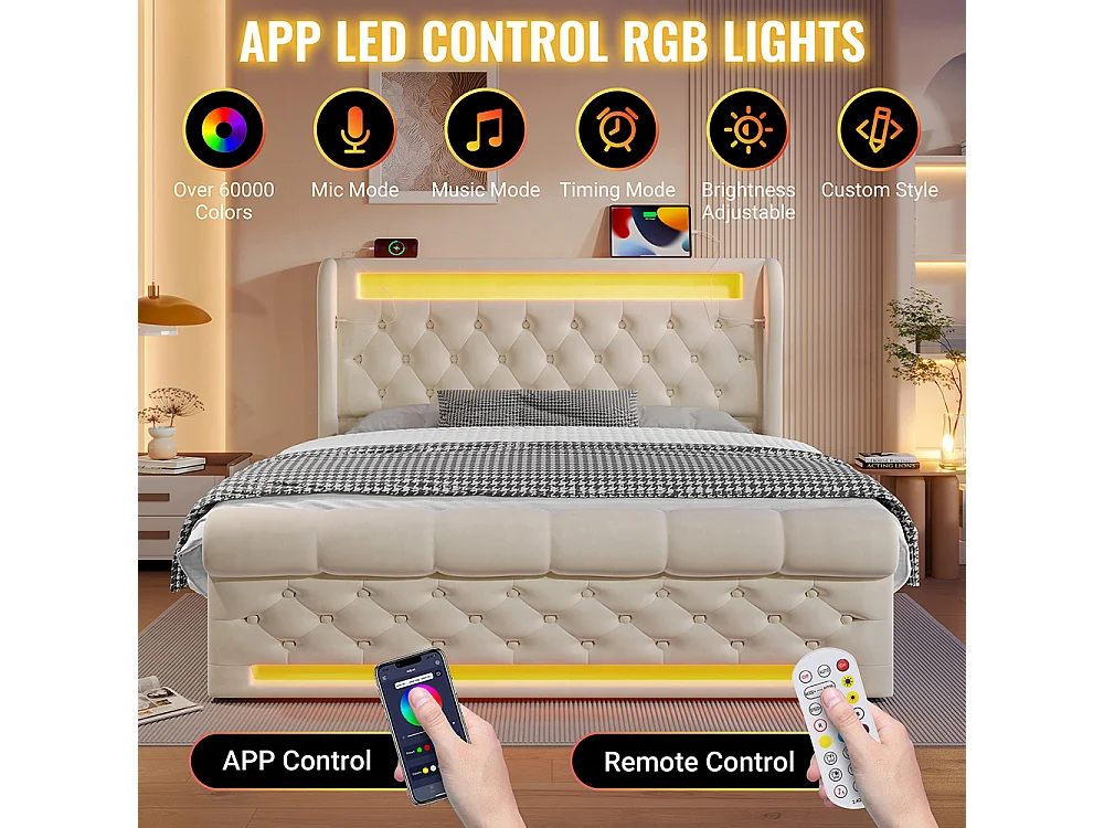 Lit coffre rembourré 160x200 cm avec éclairage LED tête de lit avec ports USB et Type-C beige velours avec matelas