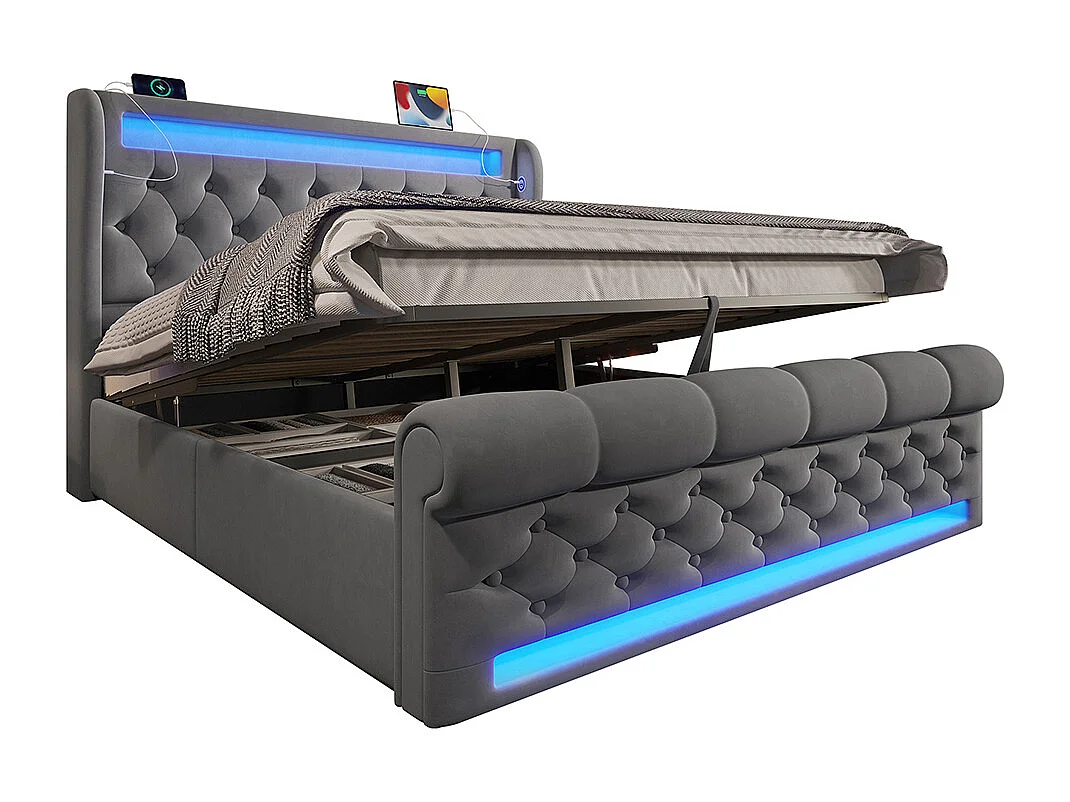 Lit coffre rembourré 160x200 cm avec éclairage LED tête de lit avec ports USB et Type-C gris velours