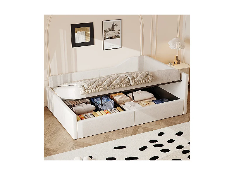 Lit coffre rembourré 140x200 rangement dessous beige