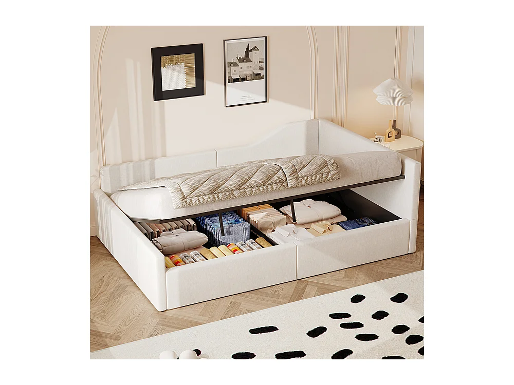 Lit coffre rembourré 140x200 rangement dessous beige