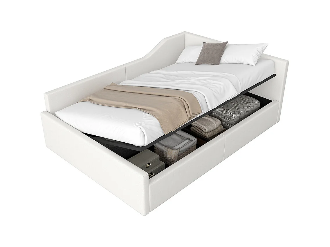 Lit coffre rembourré 140x200 rangement dessous beige