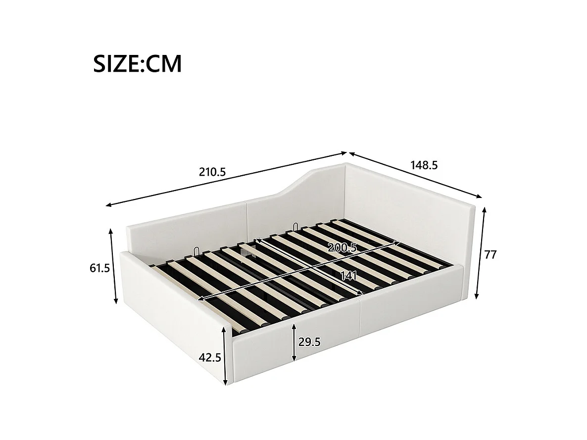 Lit coffre rembourré 140x200 rangement dessous beige