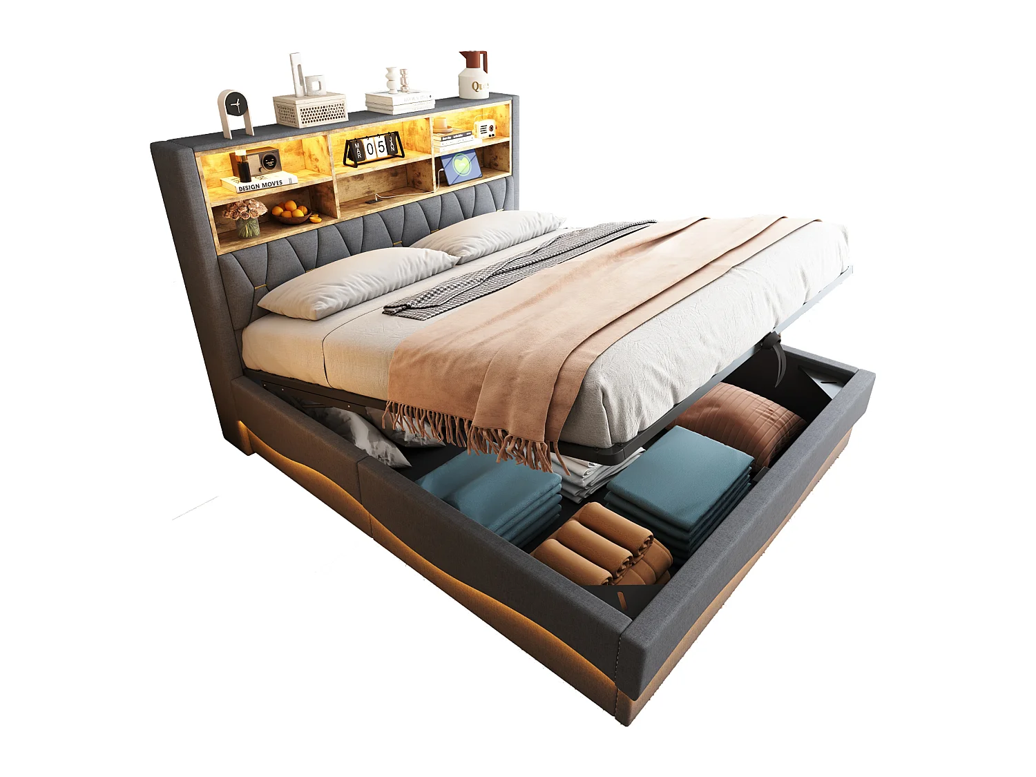 Lit coffre rembourré 180x200 cm hydraulique bande led appli usb port recharge sommier lattes métal rembourrage lin gris - Sweiko