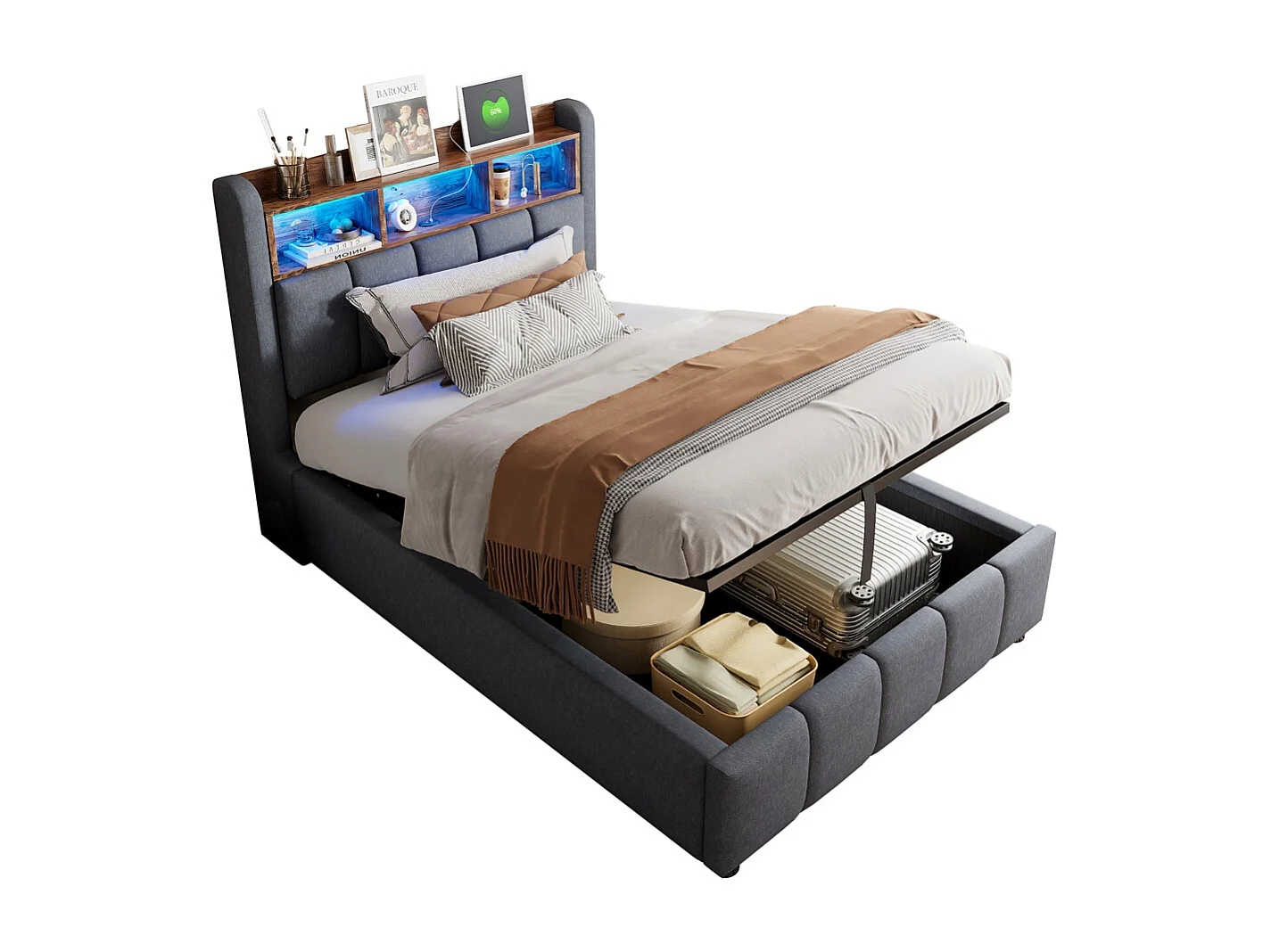 Lit coffre 90x200 avec éclairage LED et port USB tête de lit avec tablettes et espace de rangement avec espace de rangement hydraulique lin gris