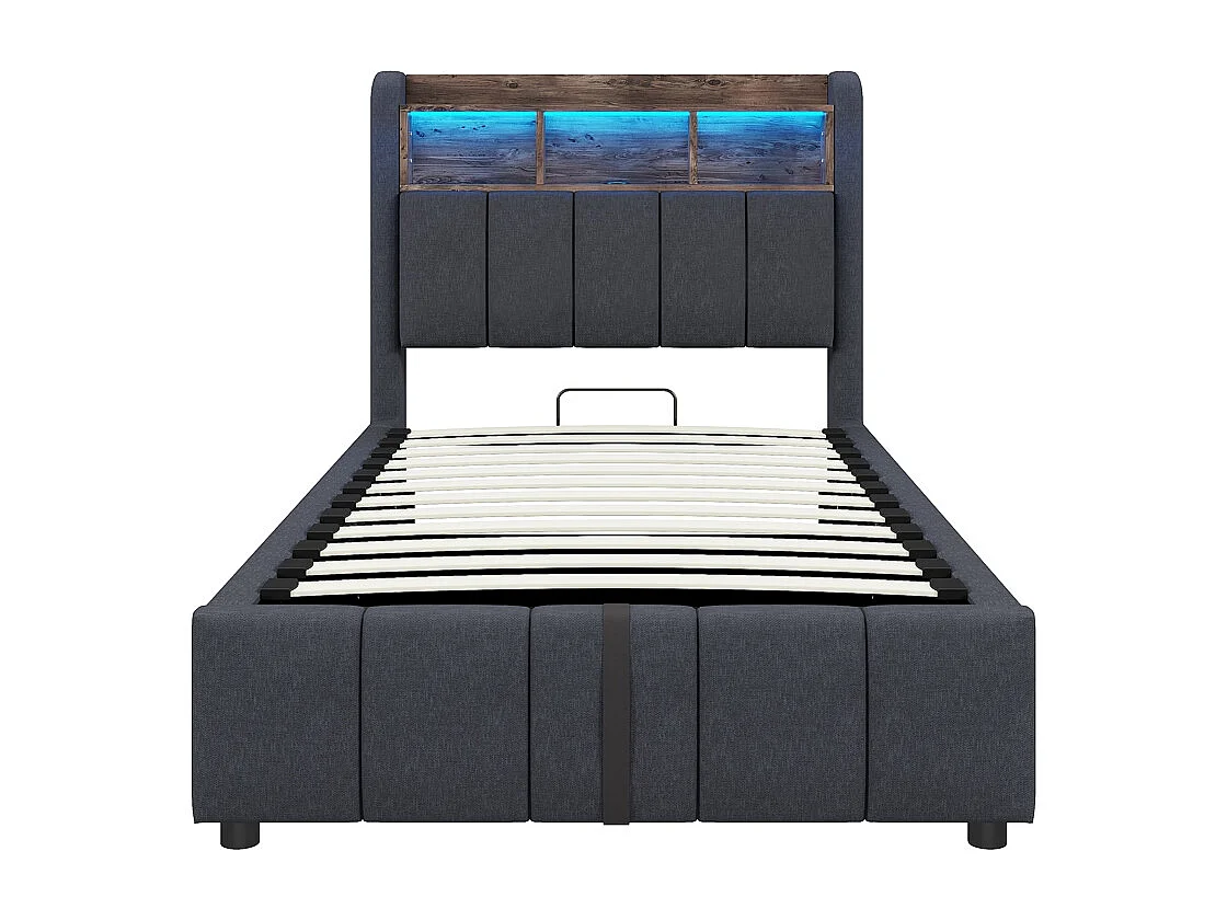 Lit coffre 90x200 avec éclairage LED et port USB tête de lit avec tablettes et espace de rangement avec espace de rangement hydraulique lin gris