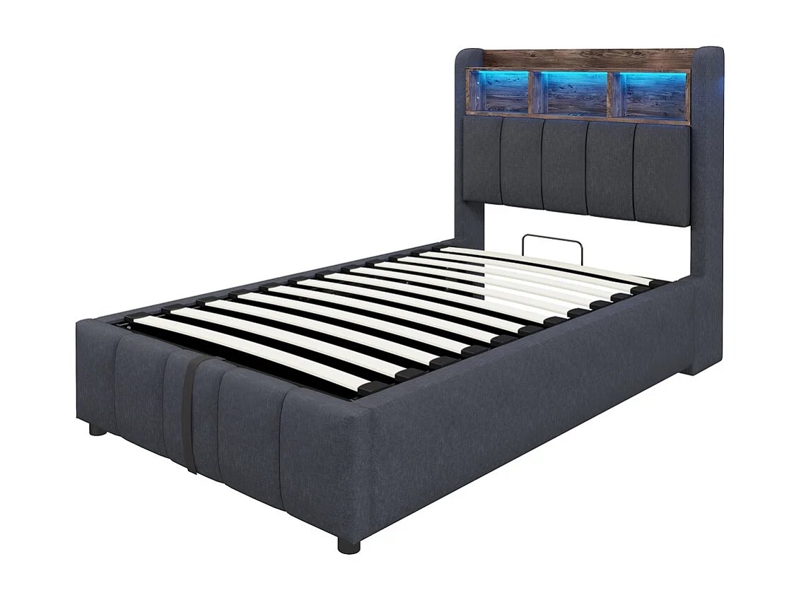 Lit coffre 90x200 avec éclairage LED et port USB tête de lit avec tablettes et espace de rangement avec espace de rangement hydraulique lin gris