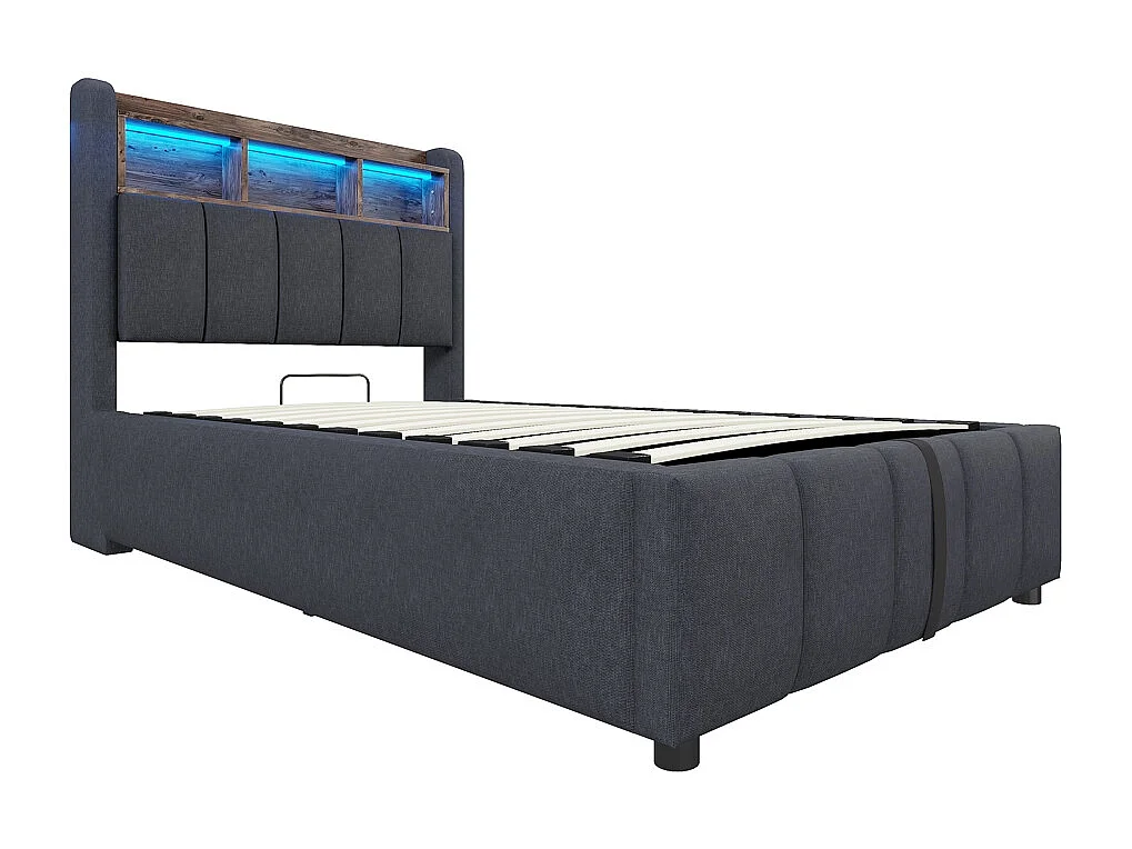 Lit coffre 90x200 avec éclairage LED et port USB tête de lit avec tablettes et espace de rangement avec espace de rangement hydraulique lin gris