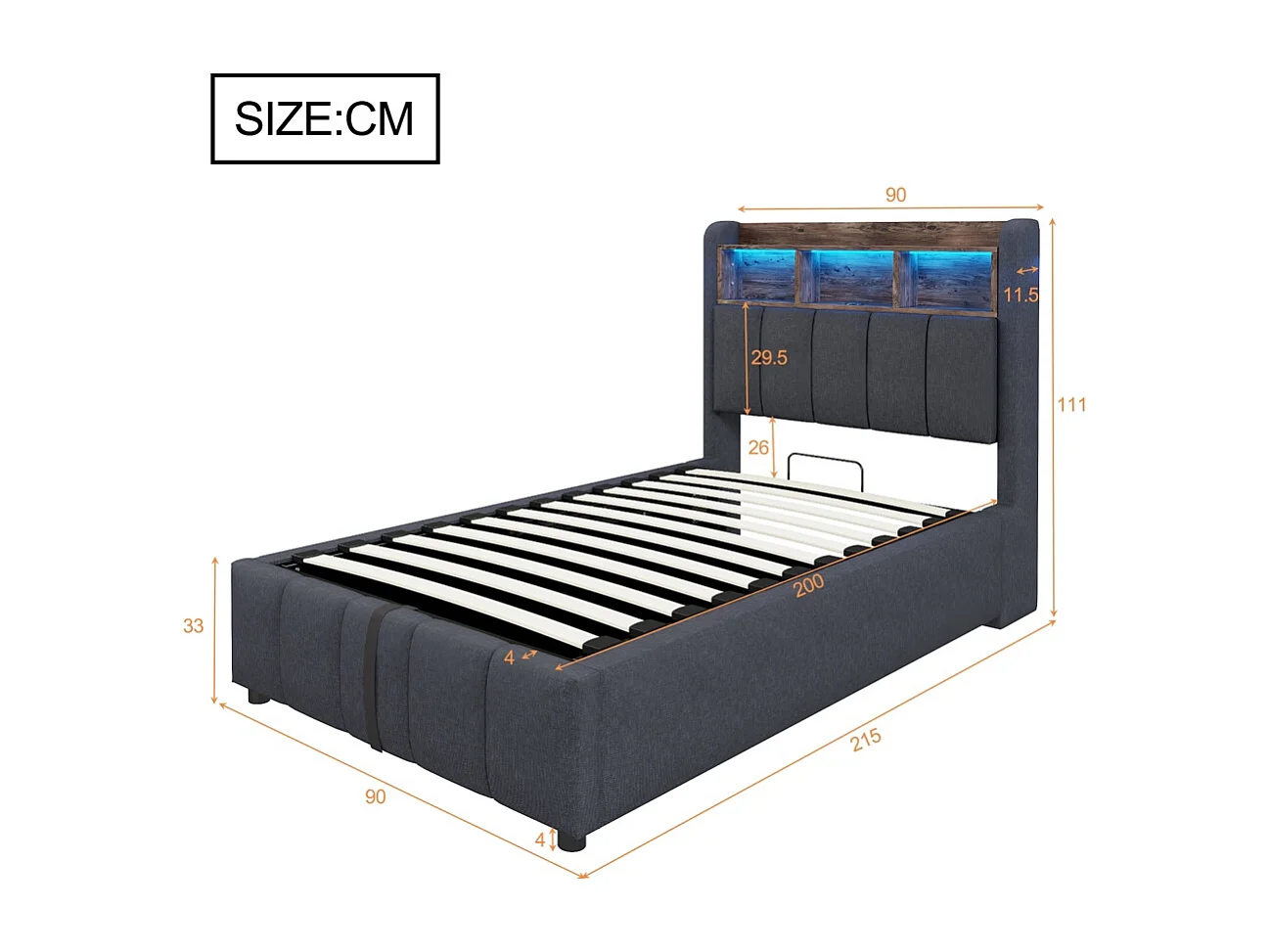 Lit coffre 90x200 avec éclairage LED et port USB tête de lit avec tablettes et espace de rangement avec espace de rangement hydraulique lin gris