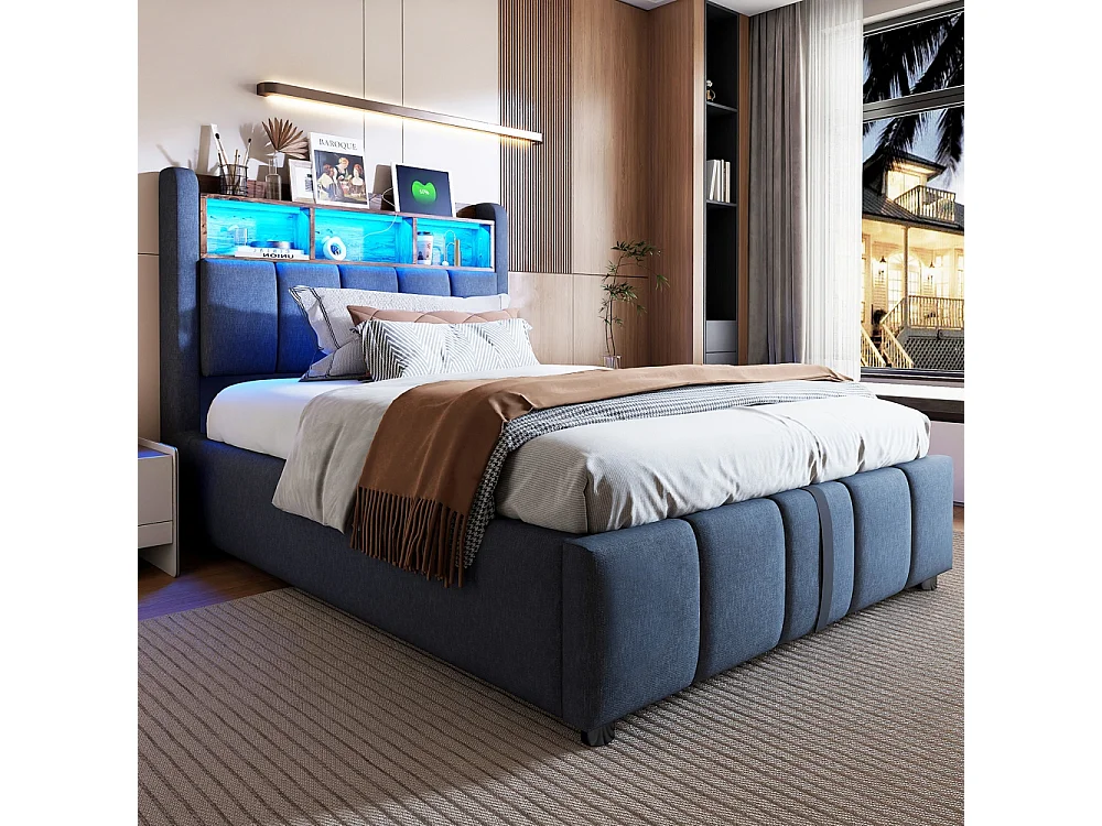 Lit coffre 90x200 avec éclairage LED et port USB tête de lit avec tablettes et espace de rangement avec espace de rangement hydraulique lin gris