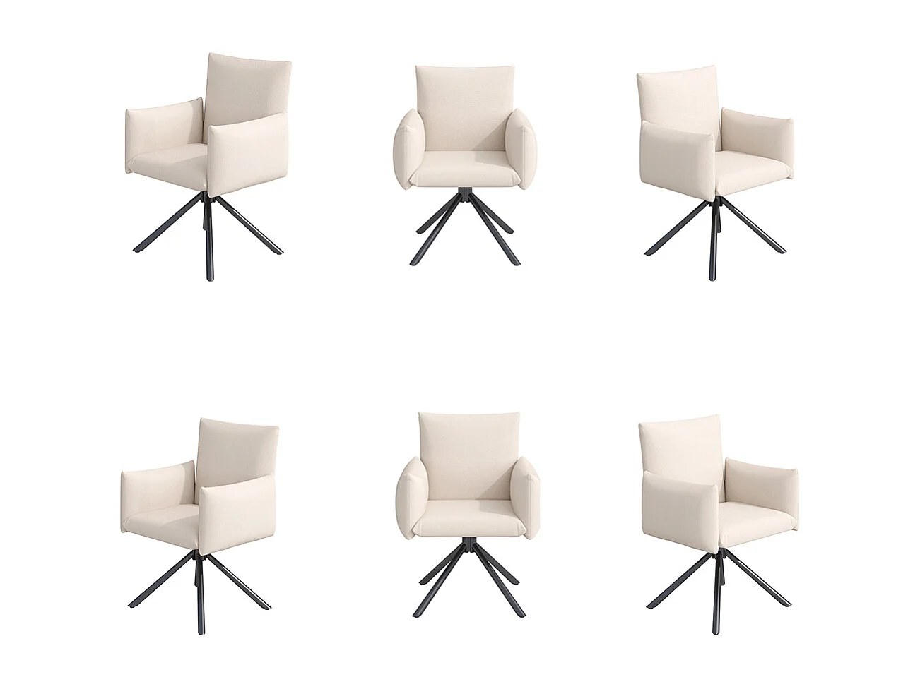 Set van 6 eetkamerstoelen, gestoffeerde stoel met 4 metalen poten, 360° draaibare stoel, lendensteun, beige fluweel