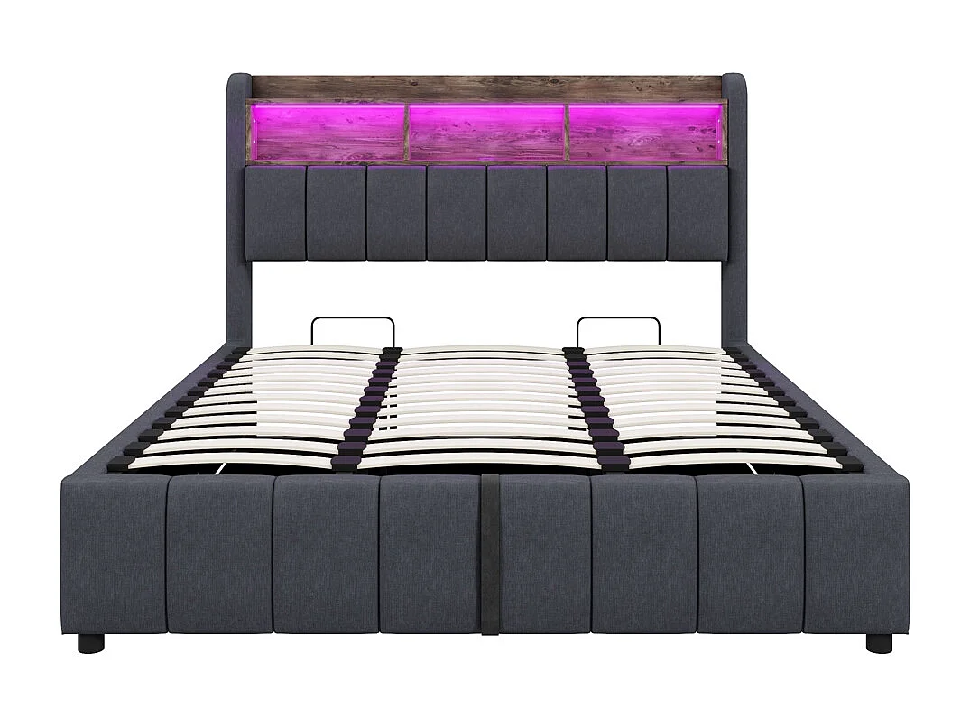 Lit coffre 180x200 avec éclairage LED et port USB tête de lit avec tablettes et espace de rangement avec espace de rangement hydraulique lin gris