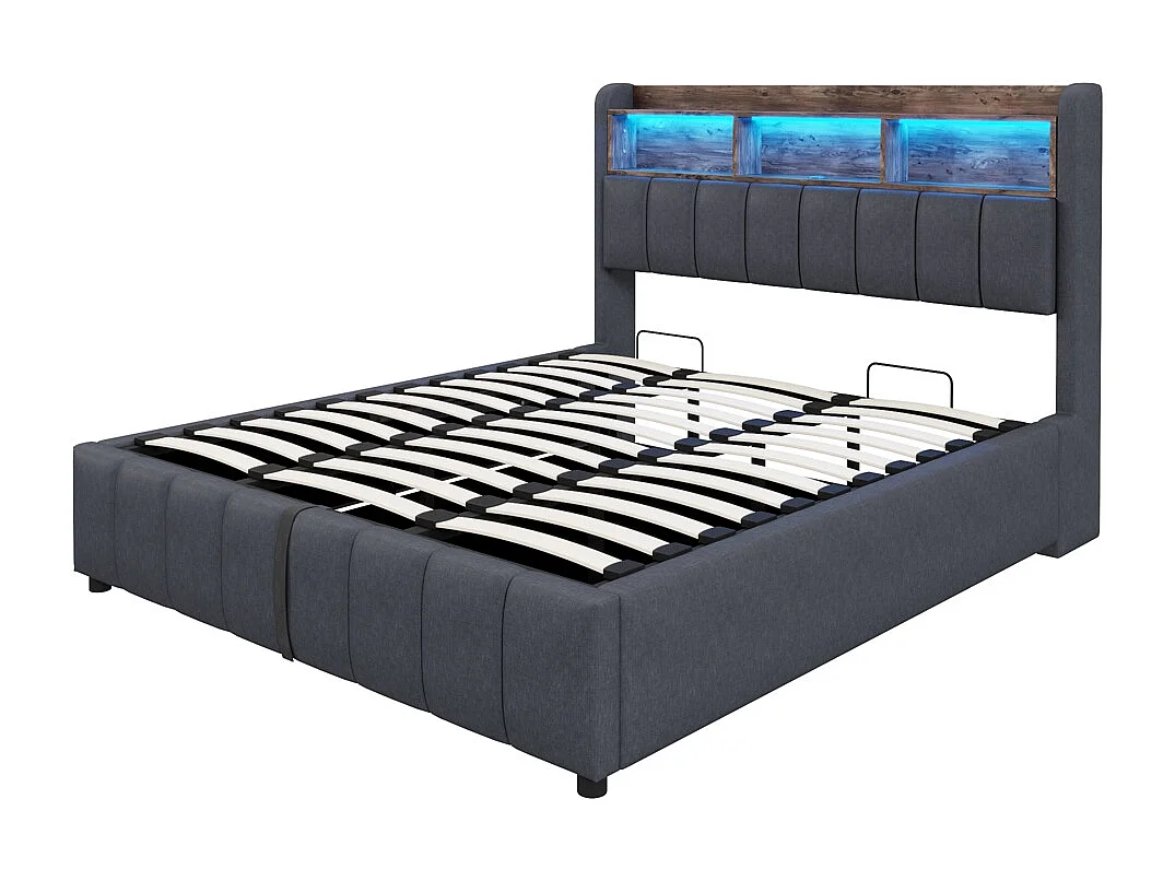 Lit coffre 180x200 avec éclairage LED et port USB tête de lit avec tablettes et espace de rangement avec espace de rangement hydraulique lin gris